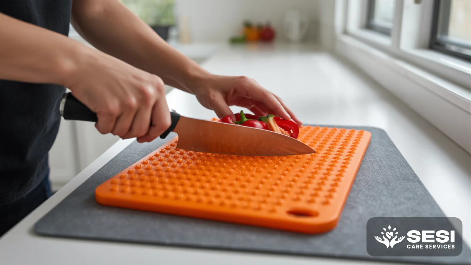 A hand cutting a carrot on a white spiked chopping board resting on an orange non-slip mat on a kitchen benchtop