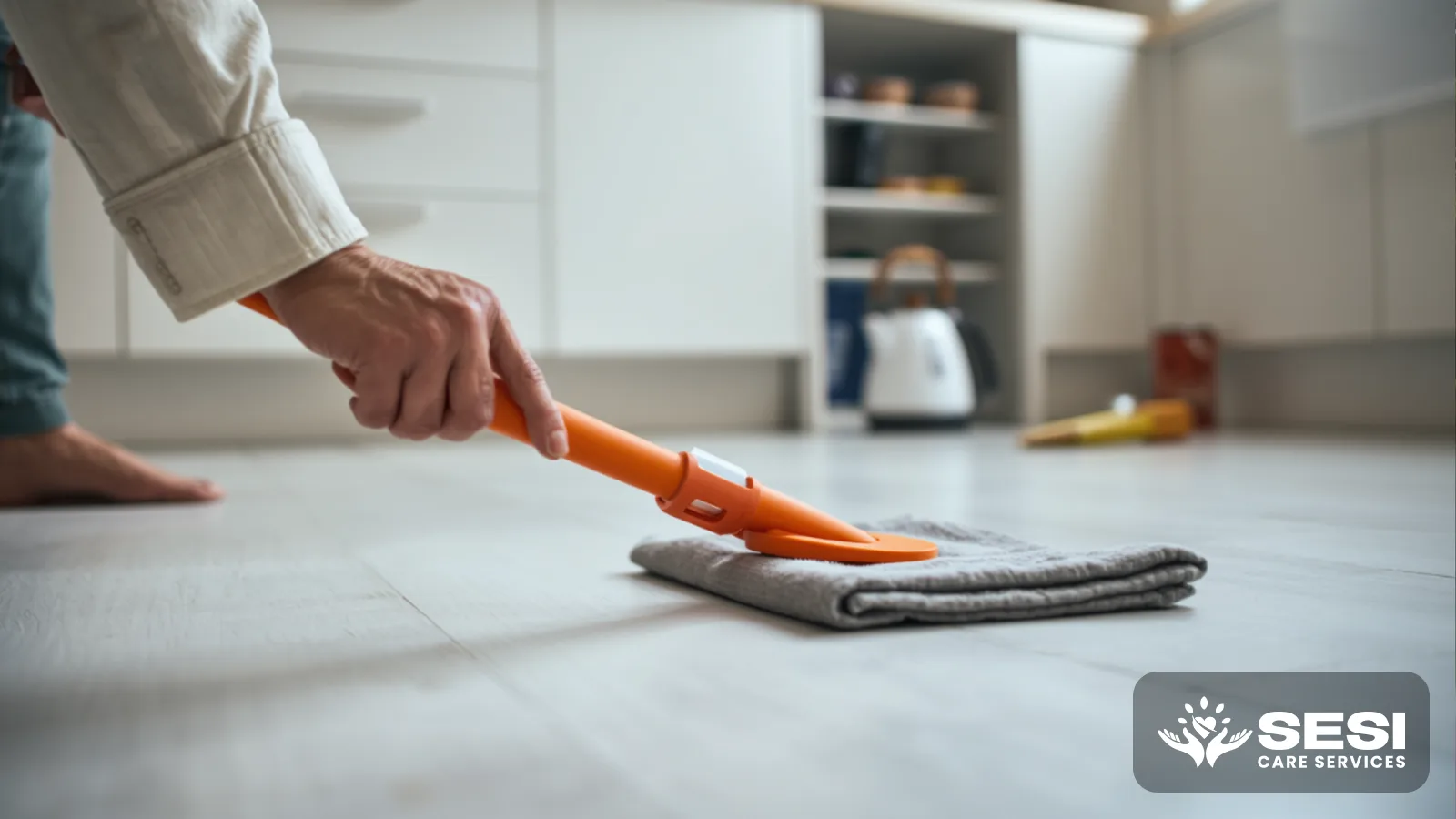A hand holding a fork with a thick orange built-up grip handle over a plate of pasta on a white kitchen table