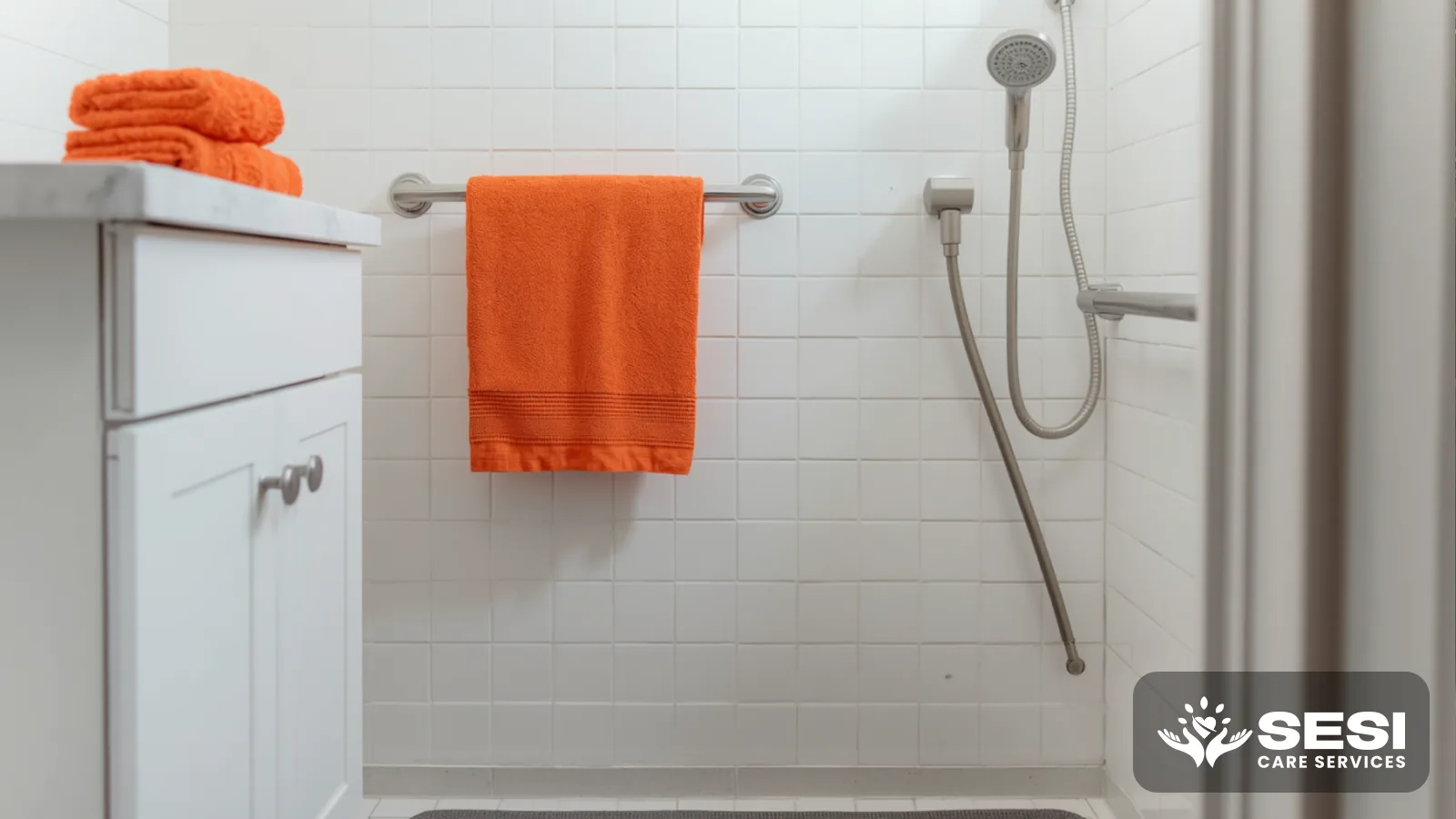 A white-tiled bathroom with a stainless-steel grab rail and hand-held shower, an orange towel folded on the vanity and a grey non-slip mat on the floor