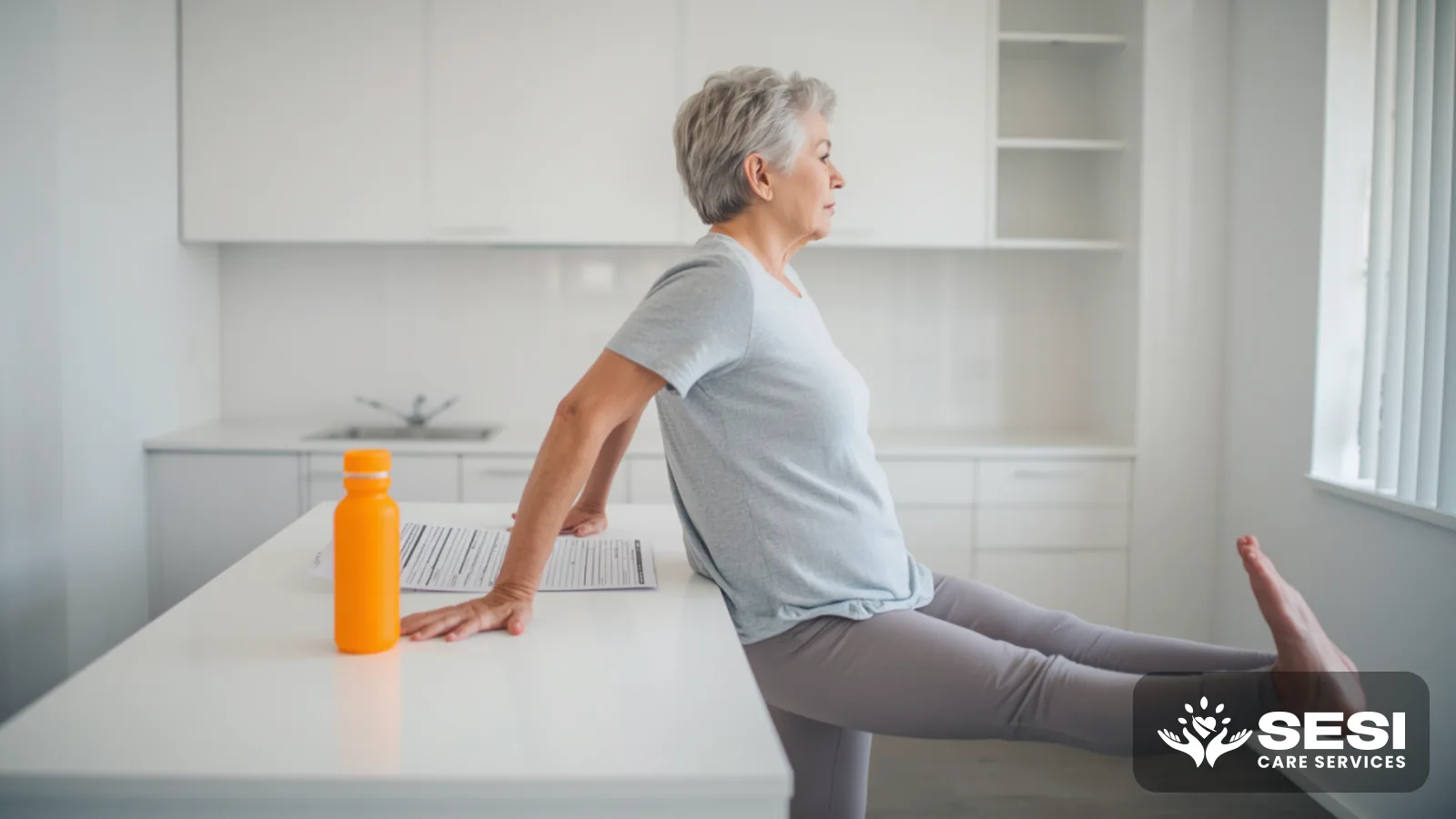 An older woman exercising at a white kitchen bench at home, a printed exercise sheet and an orange water bottle on the bench