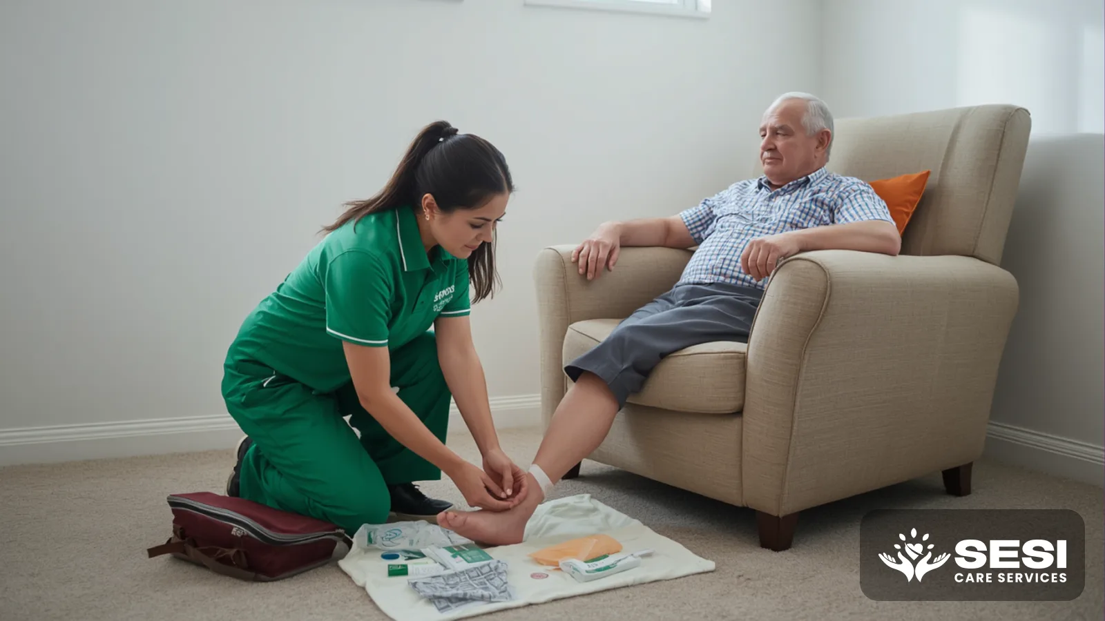 A nurse in a green polo kneeling beside an older man in an armchair to check a dressing on his lower leg, with clean supplies laid out on a towel