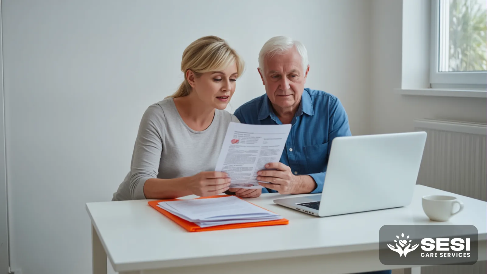 An adult daughter and her elderly father at a white kitchen table reading a printed letter together, with a laptop, an orange folder of paperwork and a cup of tea