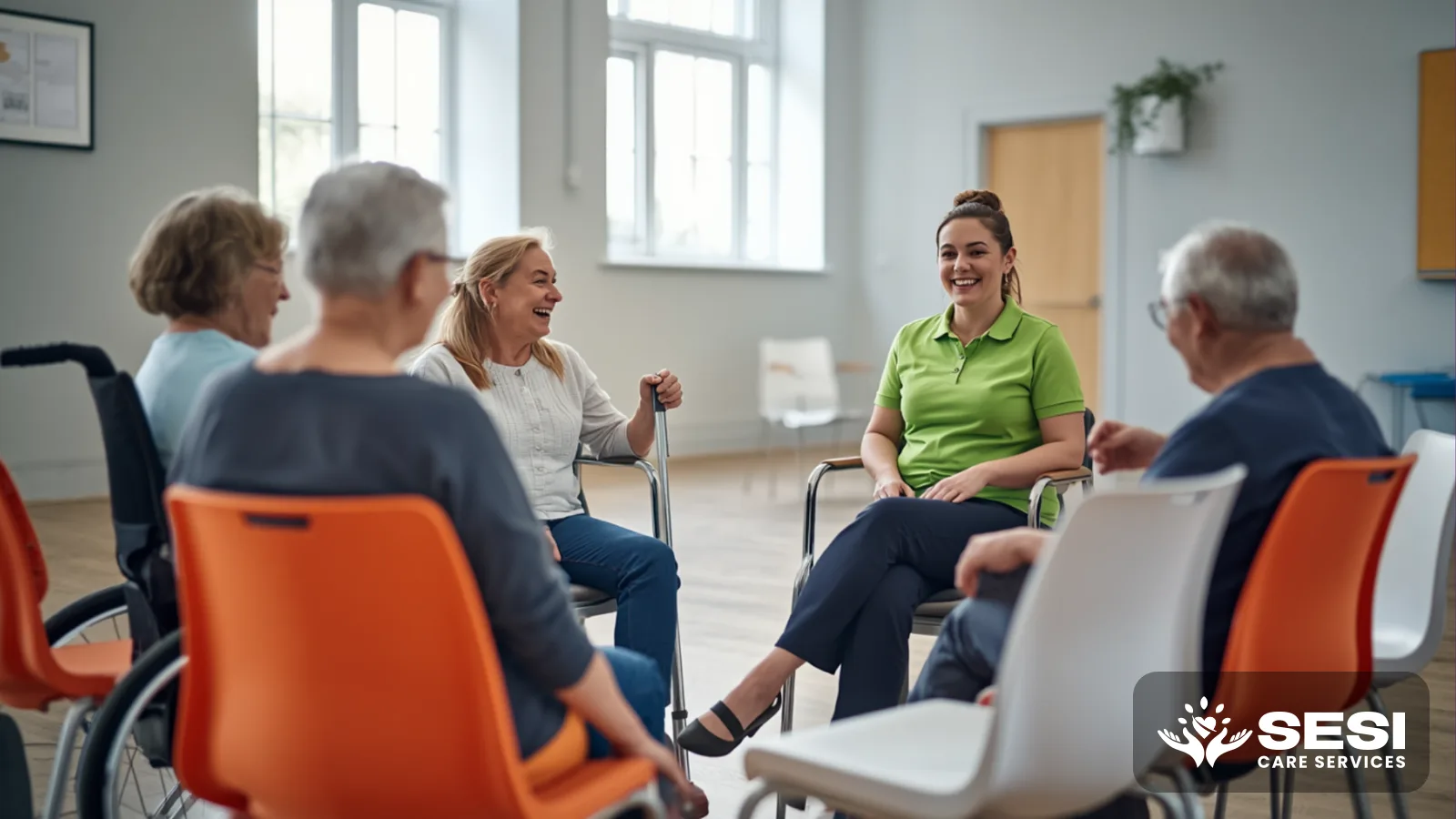 A support worker in a green polo sitting among a small group of adults in a circle of chairs in a community hall, including people using a wheelchair and a walking stick