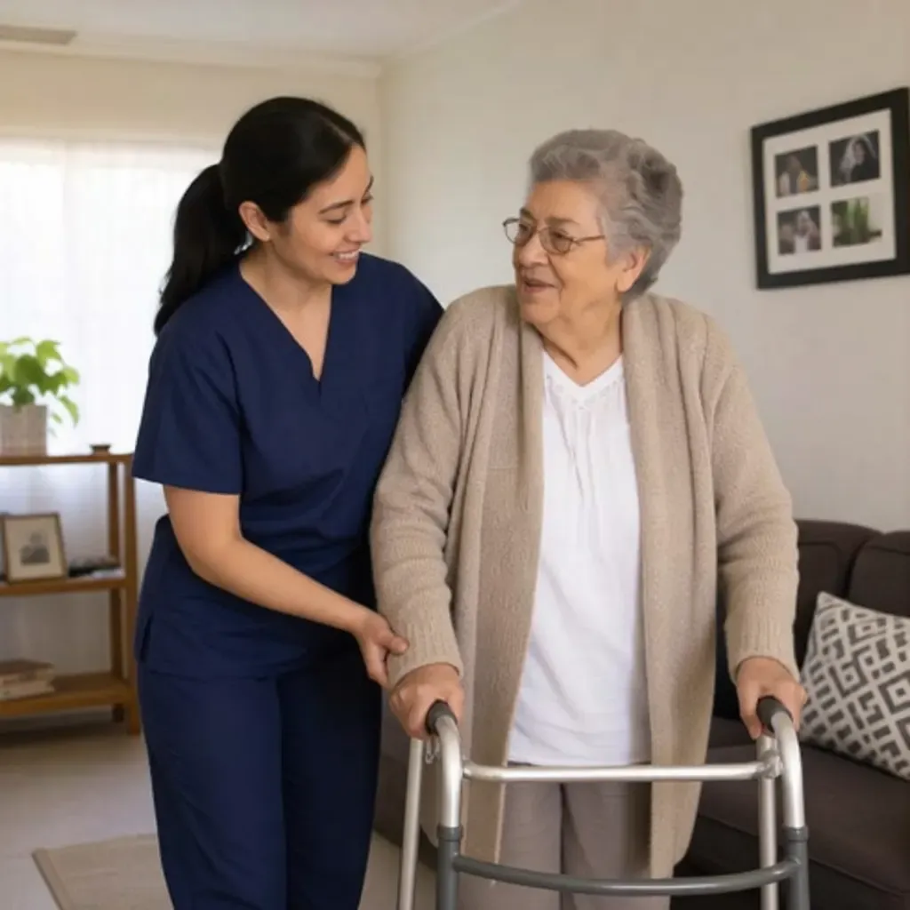 A support worker steadying an older woman as she walks with a frame at home.