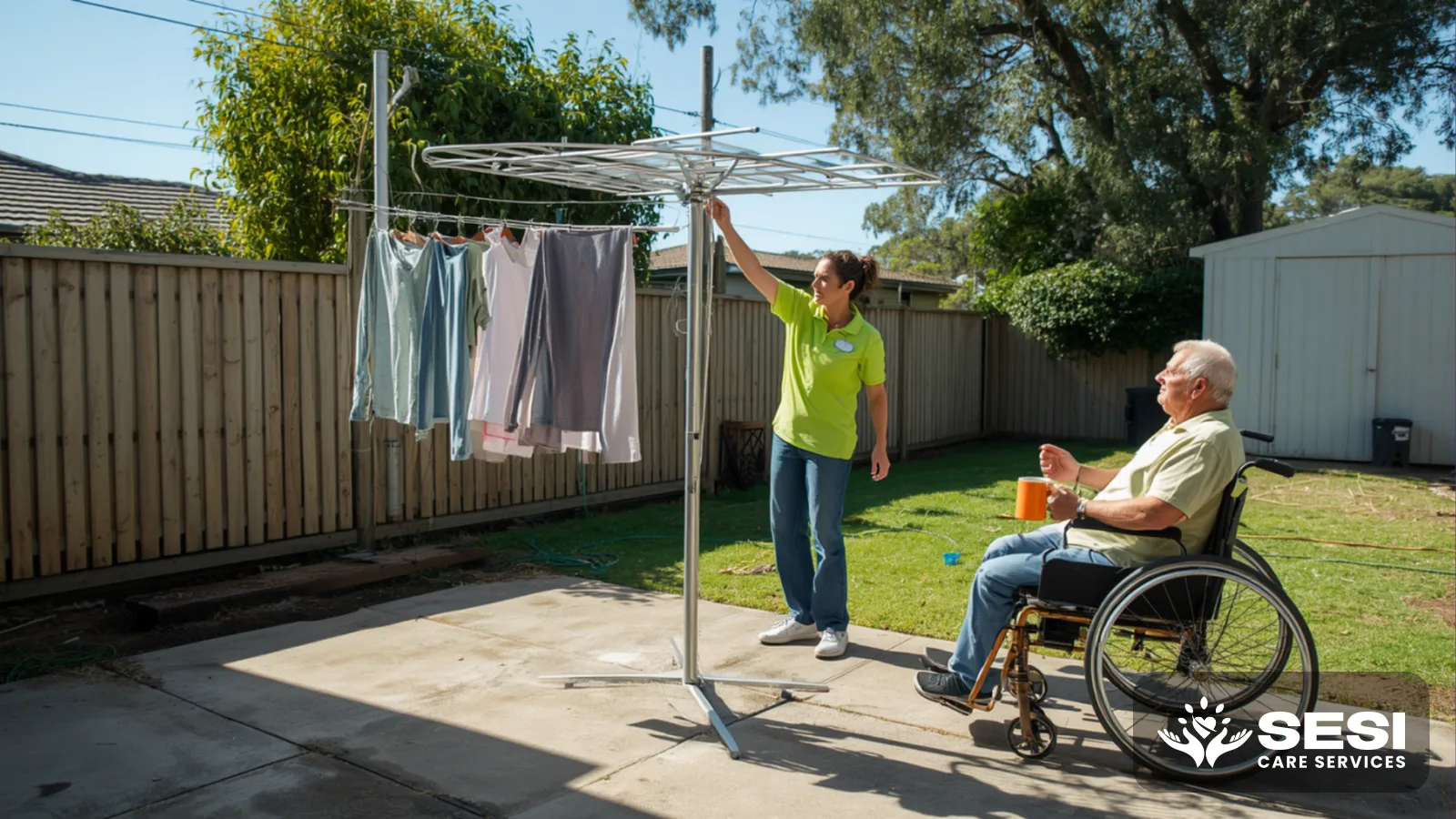 A support worker in a green polo hanging washing on a Hills Hoist in a backyard while a man in a wheelchair chats from the patio with a mug