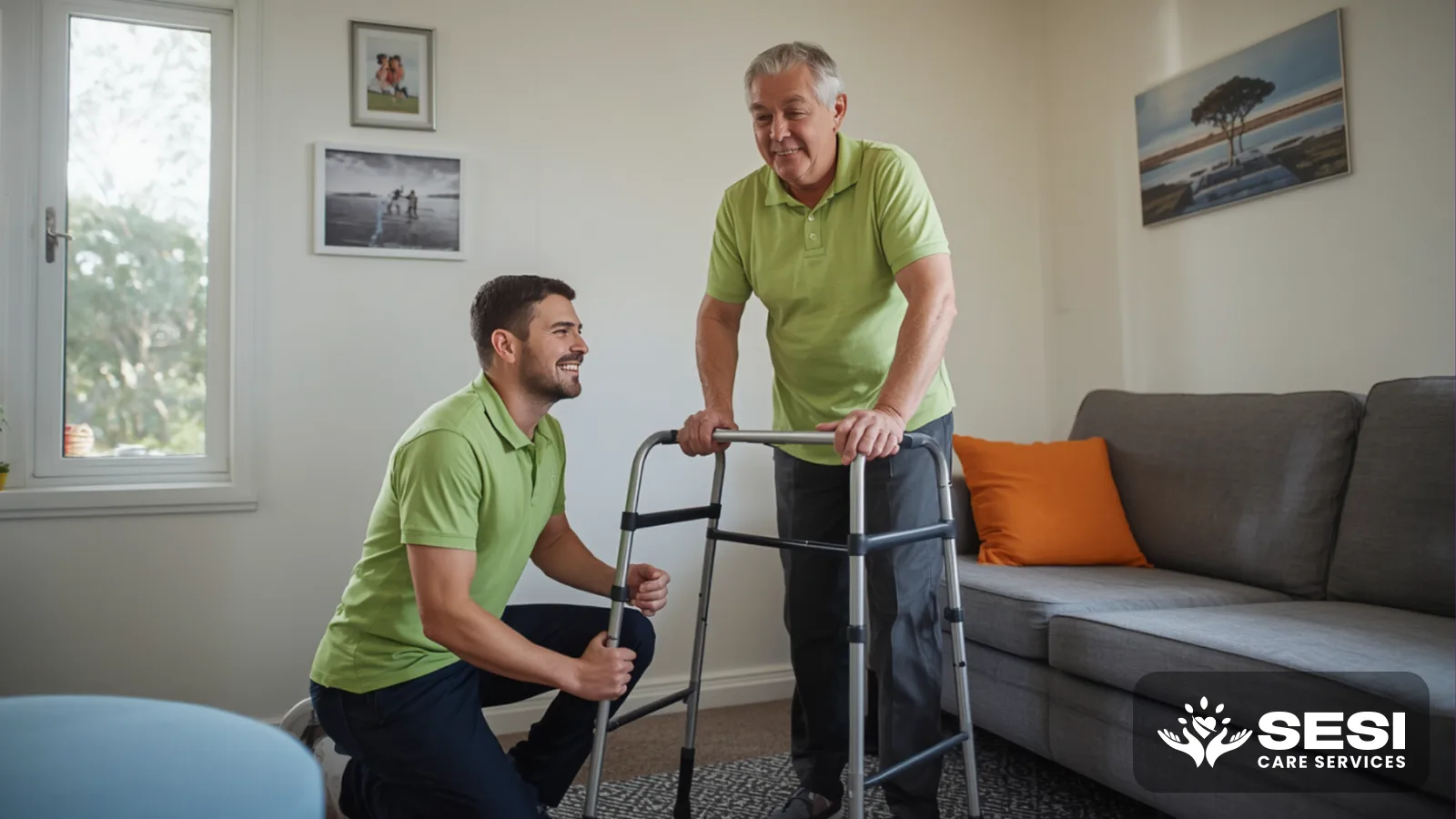 A physiotherapist in a green polo kneeling beside an older man practising standing with a walking frame in his lounge room