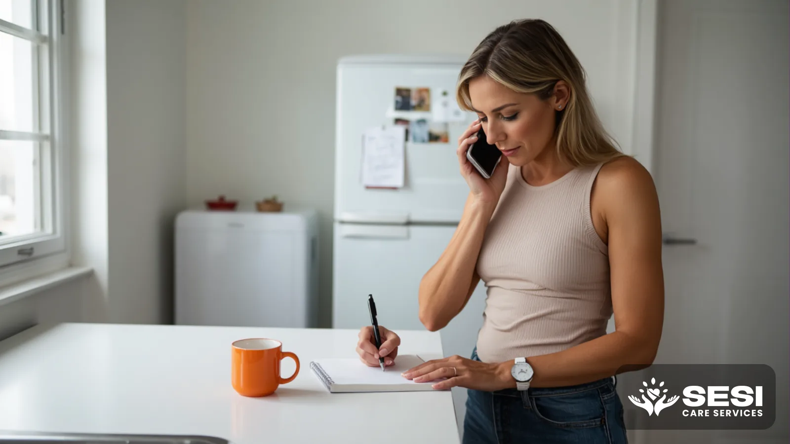 A woman on her mobile phone writing notes at a white kitchen bench, an orange mug beside her and a fridge covered in magnets behind