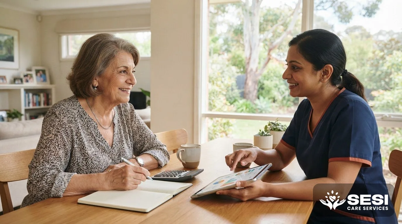 An older woman writing in a notebook at a dining table while a support worker shows her a tablet, with a calculator and two mugs between them