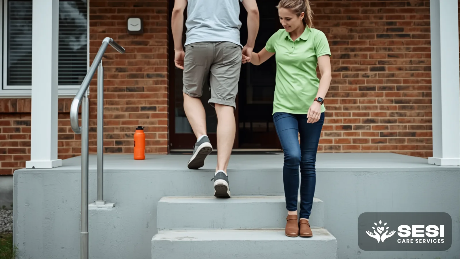 A man in a green polo practising stepping up the concrete front steps of a brick house, holding the metal rail, an orange water bottle on the step