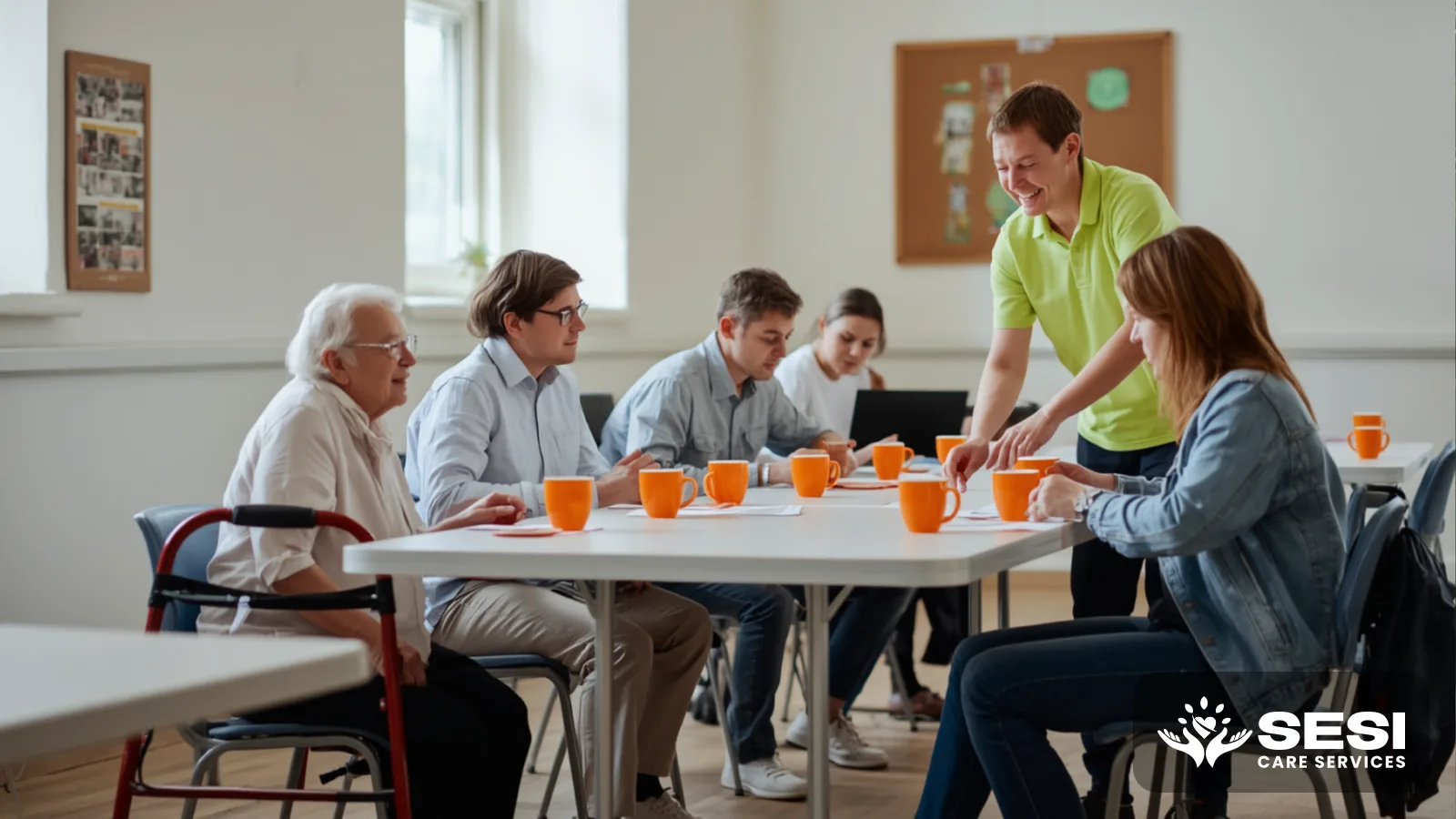 People of mixed ages around a table at a community hall with orange mugs of tea, one using a walking frame, a support worker in a green polo helping out