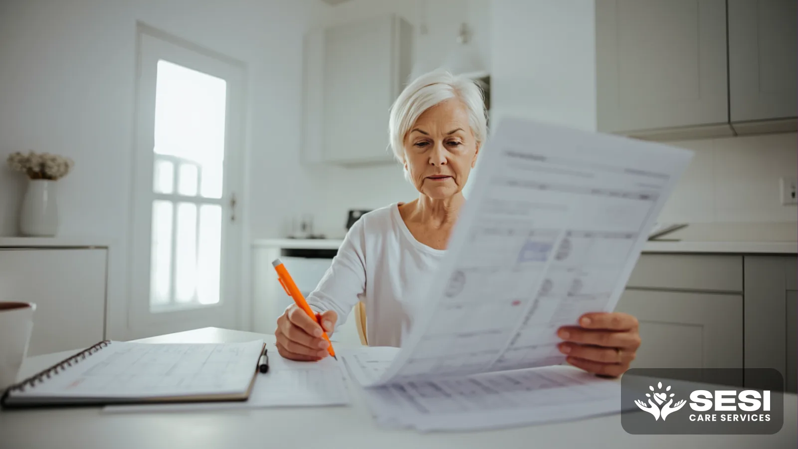 A woman at a kitchen table working through a printed plan with an orange highlighter, a notepad with a handwritten weekly grid beside her