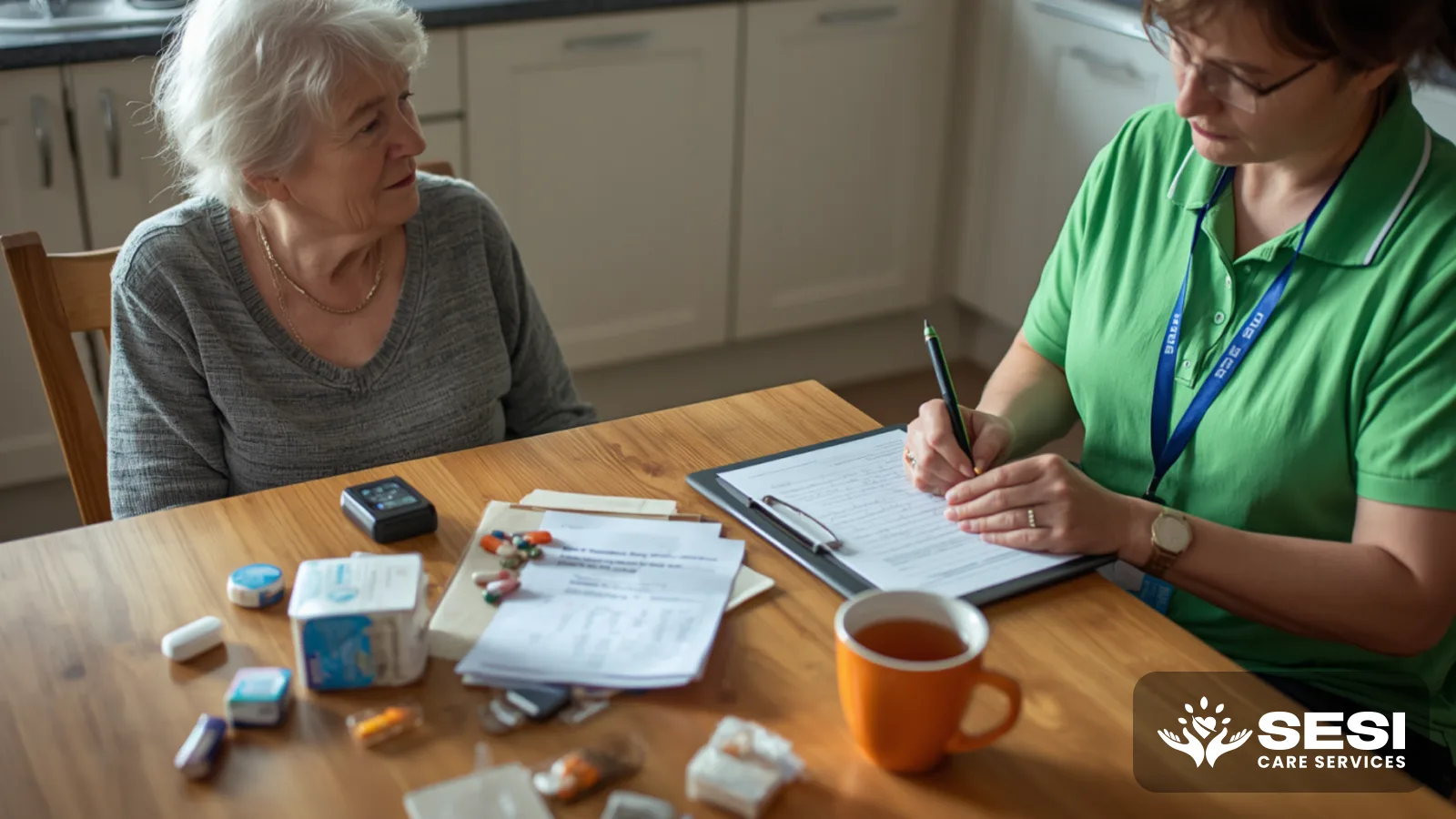 A nurse in a green polo writing on a clipboard at a kitchen table opposite an older woman, with a pill organiser, medicine boxes and an orange mug laid out between them