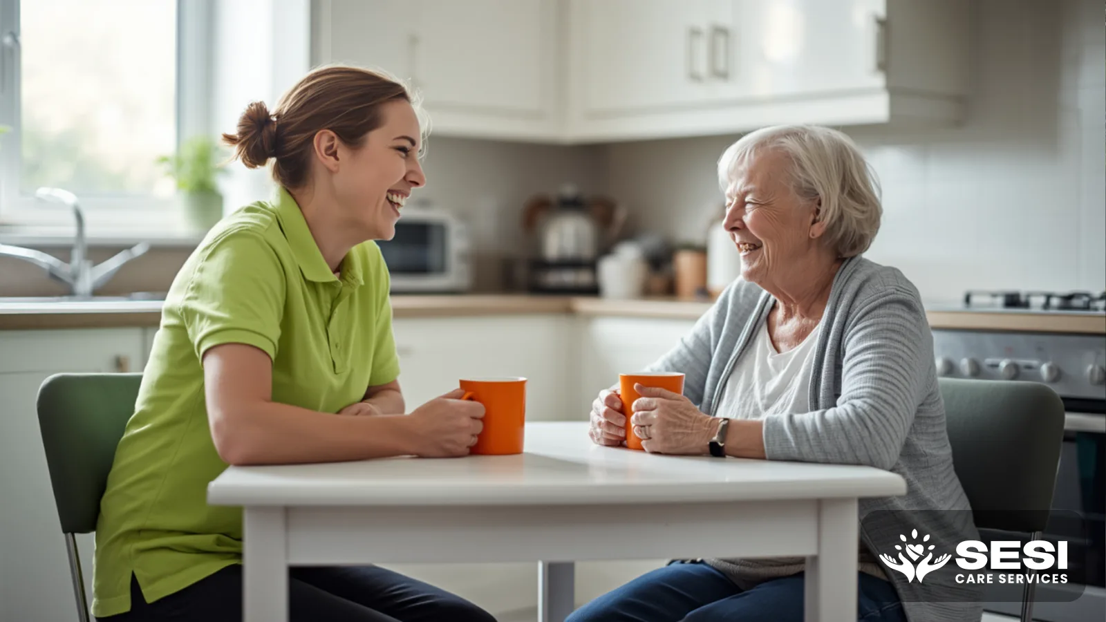 A support worker in a green polo and an older woman laughing together at a kitchen table, each holding an orange mug