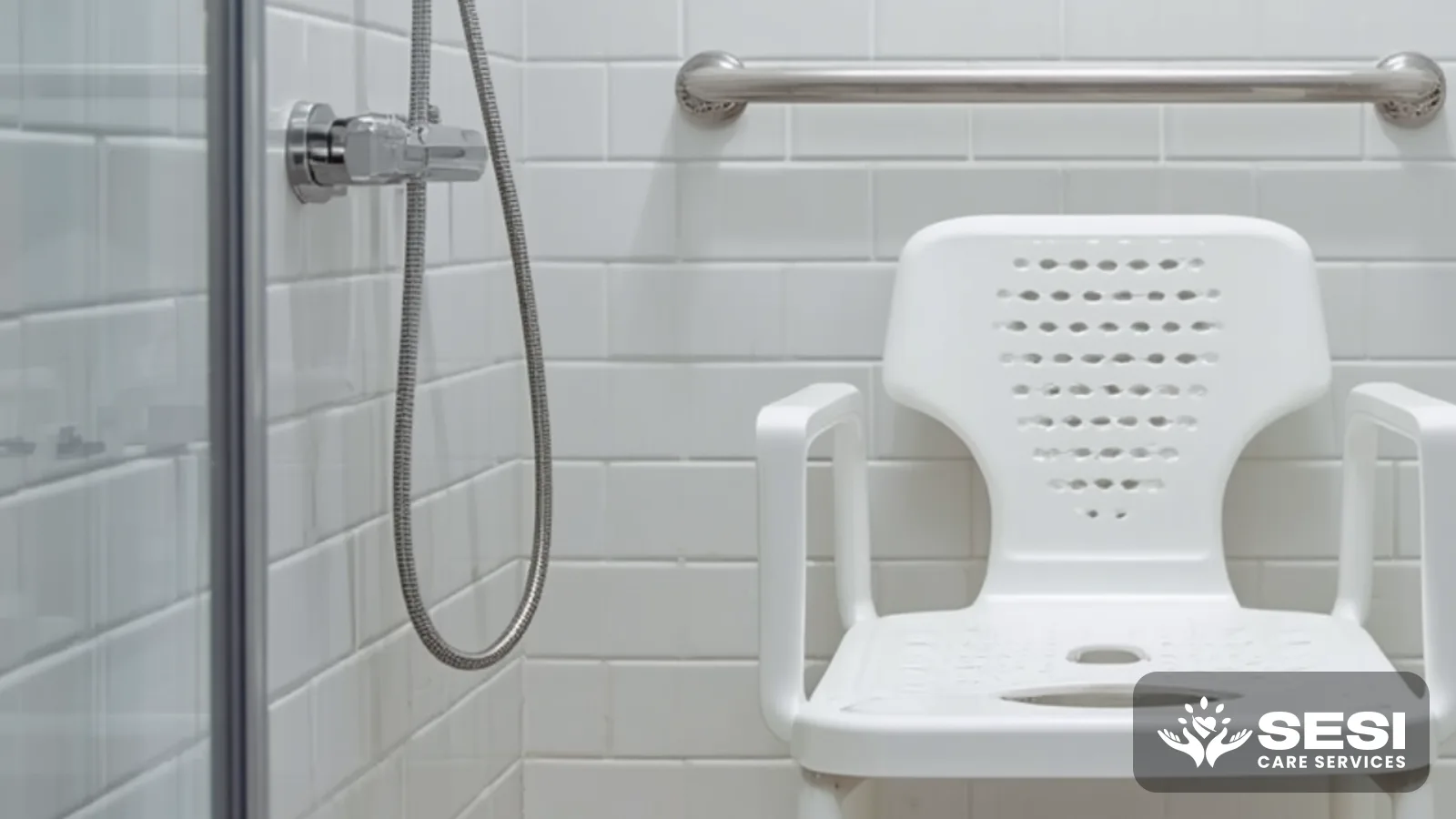 A white shower chair with armrests inside a tiled shower recess, with a stainless-steel grab rail on the wall and a hand-held shower on a rail