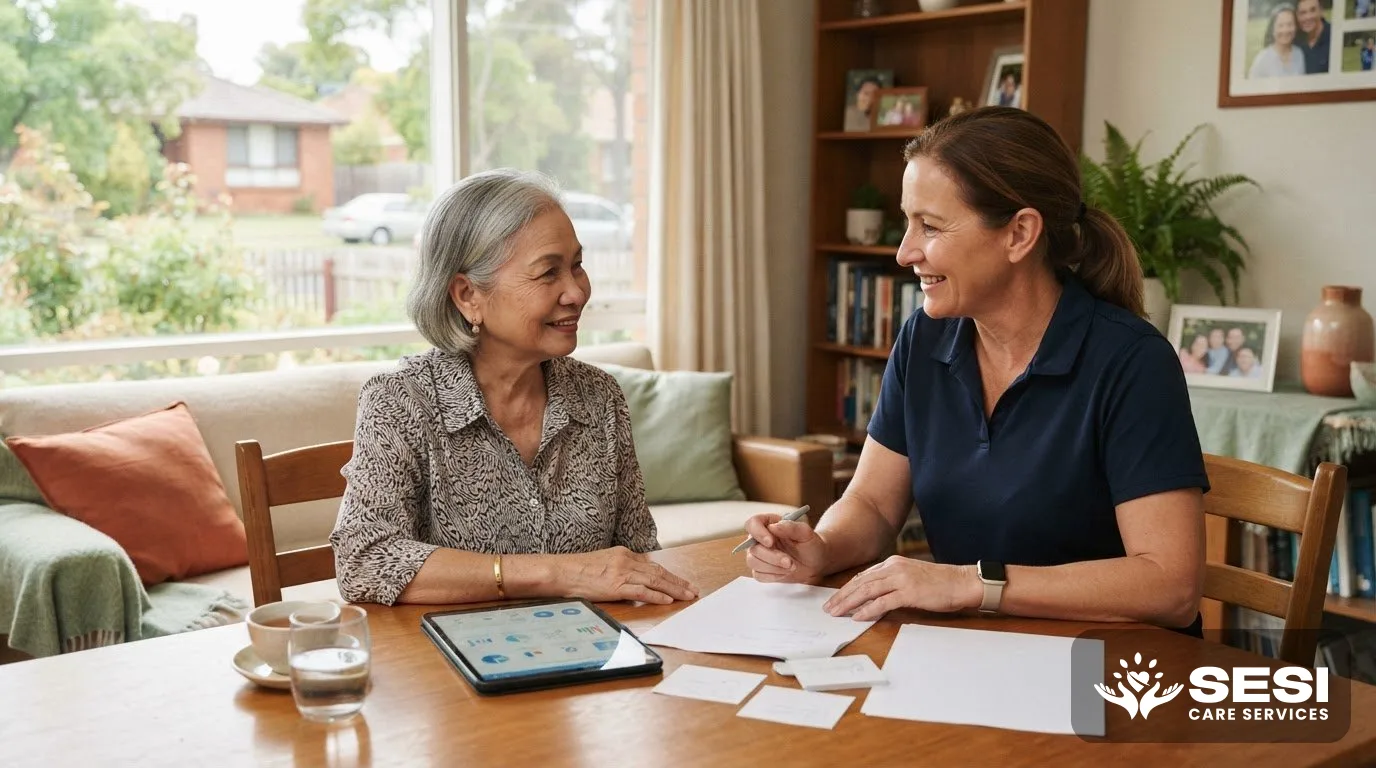 An older woman and a support worker smiling across a dining table at home, with printed pages, a tablet and a cup of tea between them