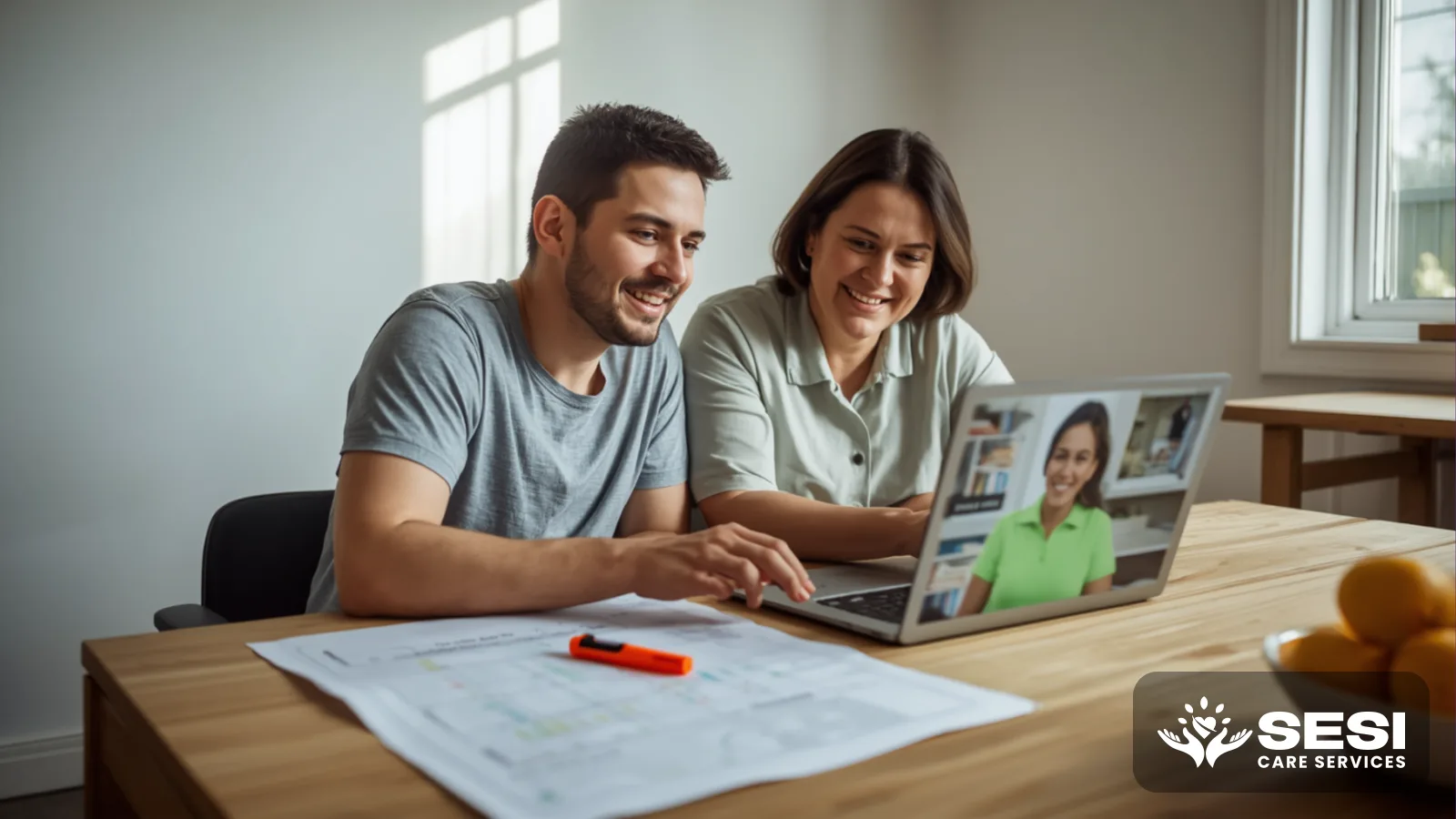 A young man and his mother at a kitchen table on a video call with a support coordinator on a laptop, a printed plan and highlighter in front of them