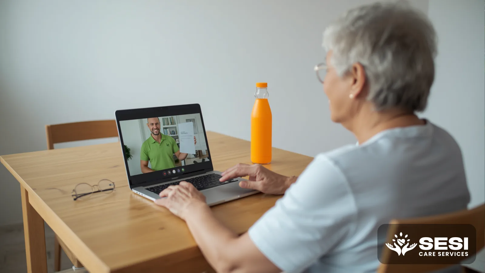 An older woman at her dining table on a laptop video call with a physiotherapist in a green polo, an orange water bottle and reading glasses beside the laptop
