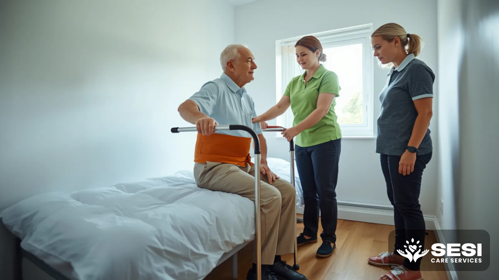 A physiotherapist in a green polo beside an older man rising from the edge of his bed with a bed stick and an orange transfer belt, in a plain white bedroom