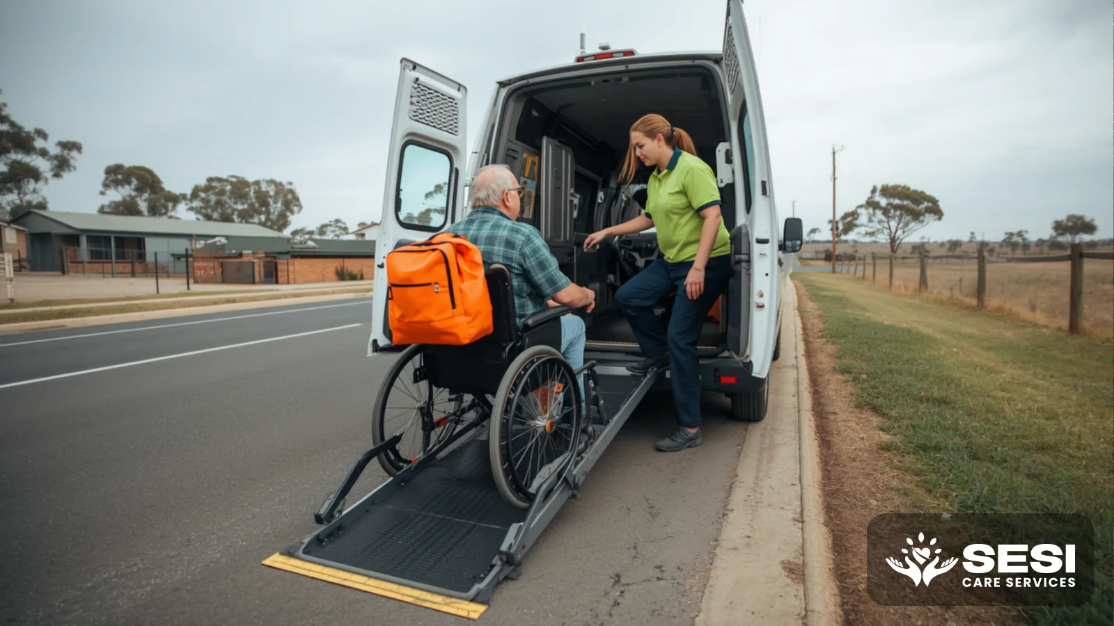 A man in a wheelchair at the ramp of a white accessible van with an orange backpack, a support worker in a green polo beside him on a quiet regional street
