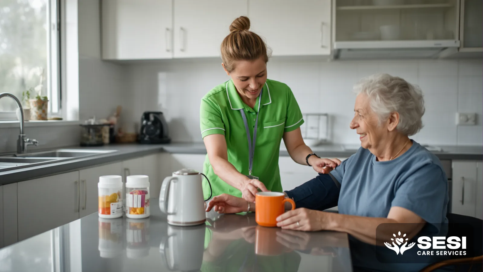 A nurse in a green polo checking the blood pressure of an older woman at her kitchen bench, an orange mug and medication bottles nearby