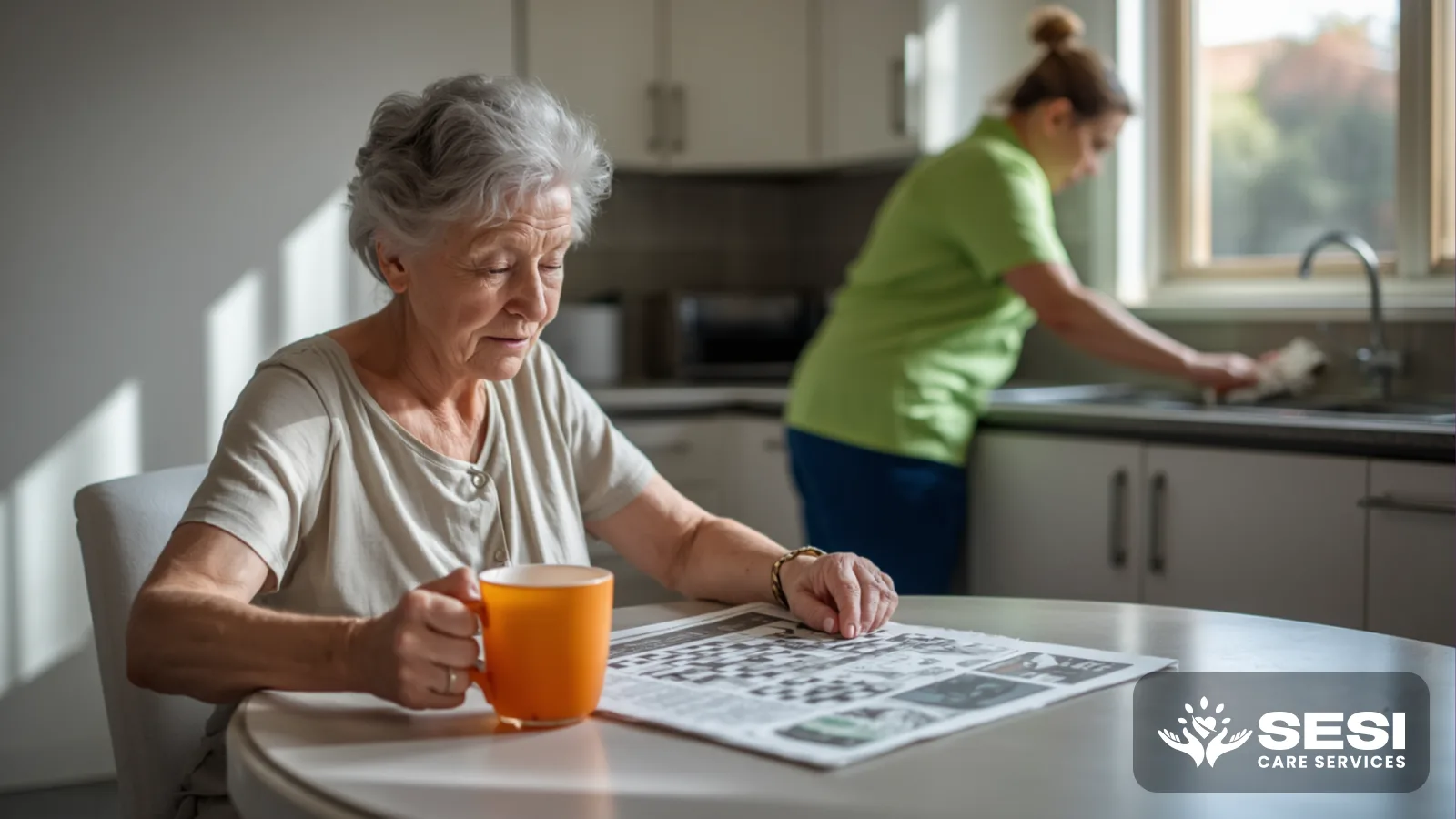 An older woman doing a crossword at a kitchen table with an orange mug of tea, while a support worker in a green polo wipes the bench behind her