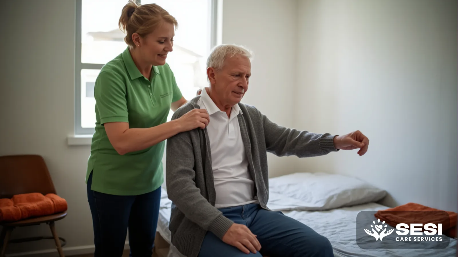 A support worker in a green polo helping a seated, fully dressed older man put on a cardigan in a sunlit bedroom