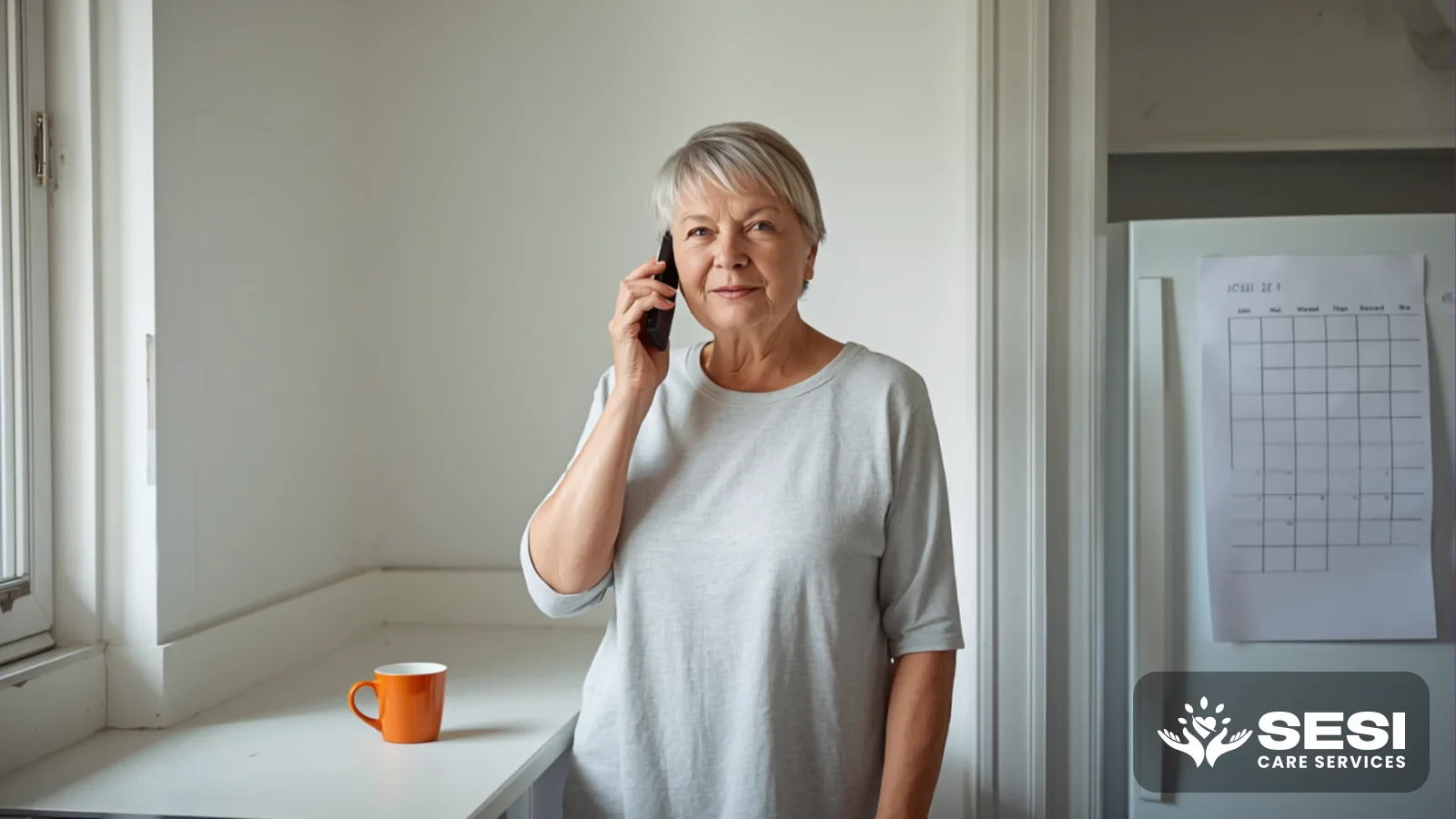 An older woman at a kitchen bench talking on her mobile phone, an orange mug beside her and a paper calendar on the fridge behind