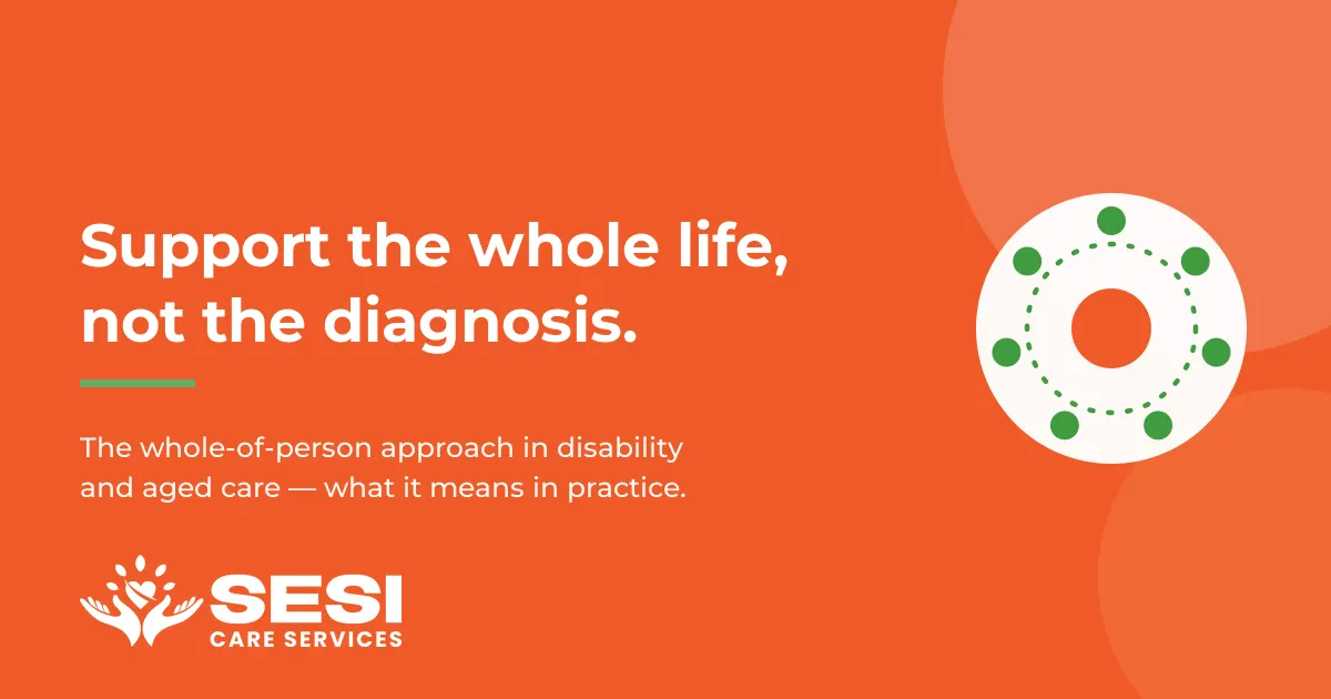 Graphic reading “Support the whole life, not the diagnosis” about the whole-of-person approach in disability and aged care