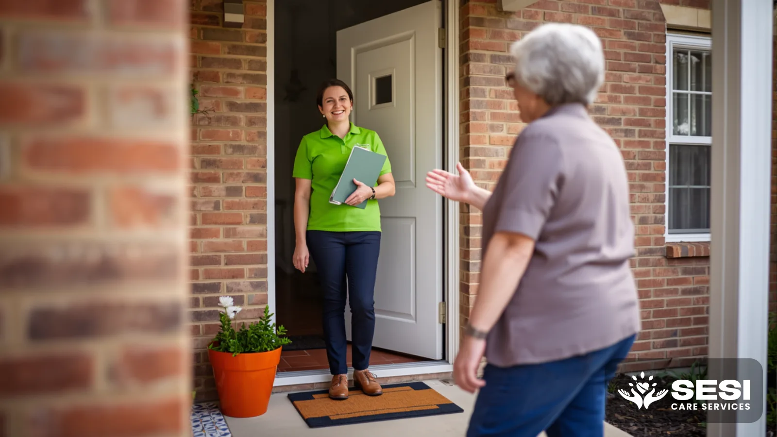 A support worker in a green polo greeting an older woman at her open front door, holding a folder, an orange pot plant by the doormat